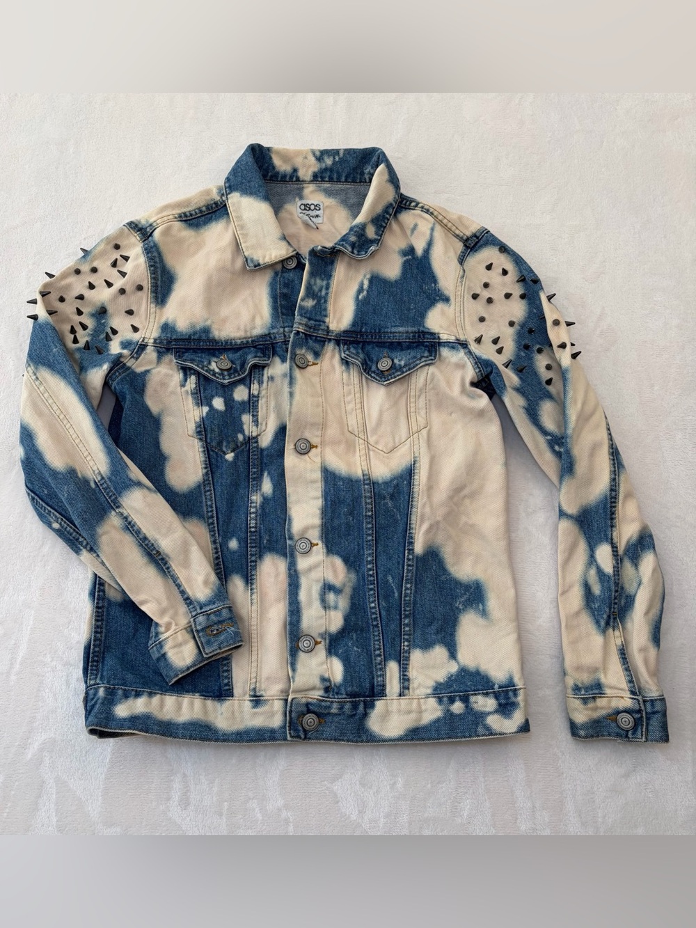 Women’s ASOS RARE Studded Spiked Bleached Denim Jacket Y2K Punk Grunge Sz US 4